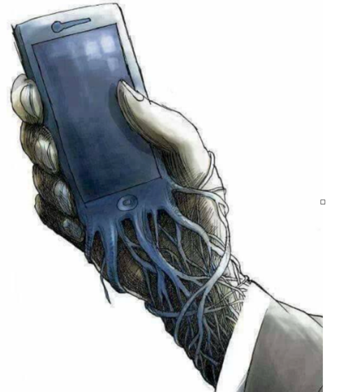 Illustration of a hand gripping a smartphone, its veins running down the arm